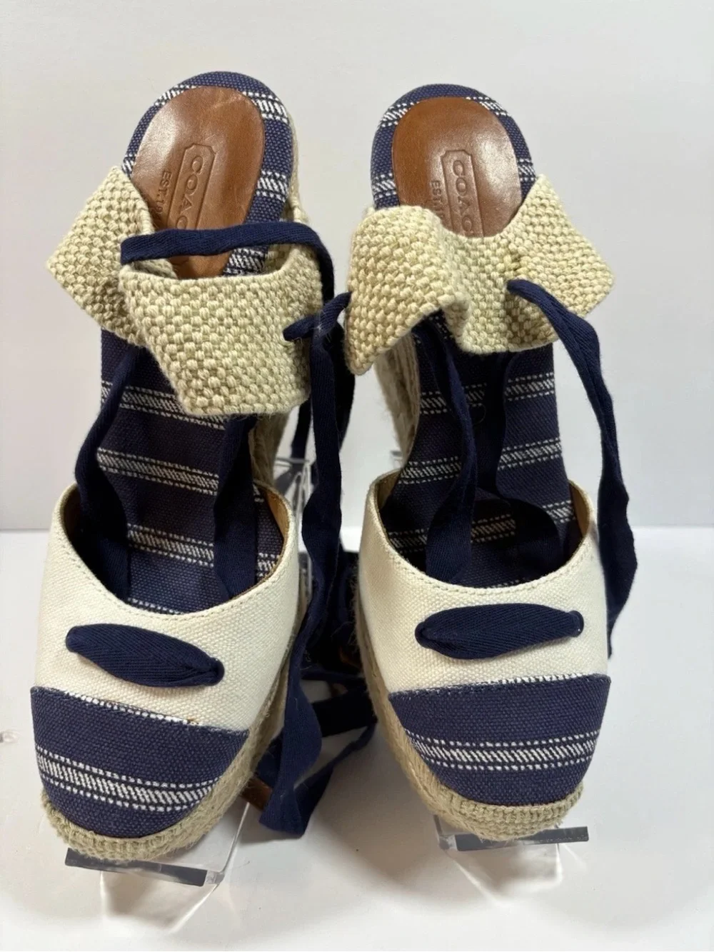 Coach Fern Ankle-tie Espadrille Wedge Sandals Blue and Beige